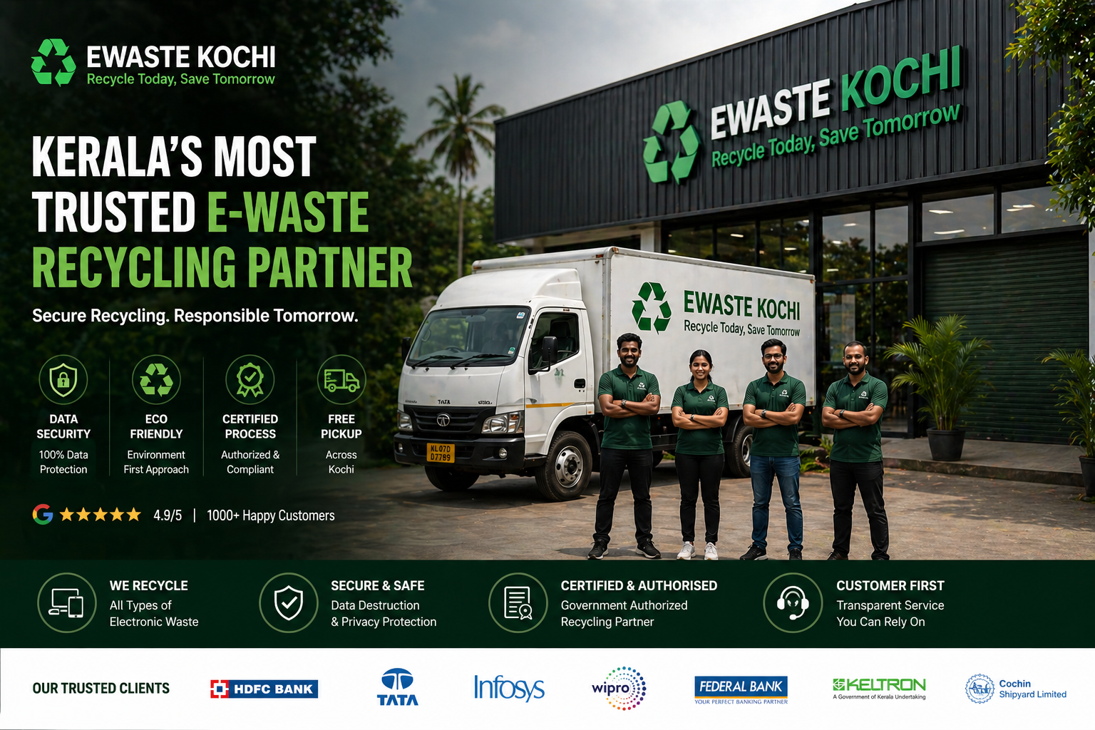 EWaste Kochi team with certified recycling truck — Kerala's most trusted e-waste recycling partner serving HDFC Bank, TATA, Infosys, Wipro, Federal Bank, Keltron and Cochin Shipyard